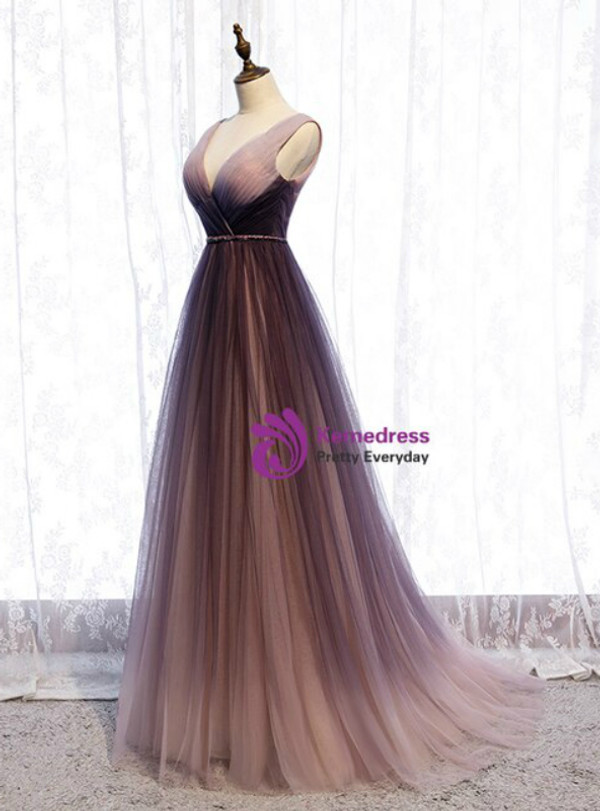 Fashion Purple Tulle Deep V-Neck Pleats Sleeveless Beading Prom Dress 2020