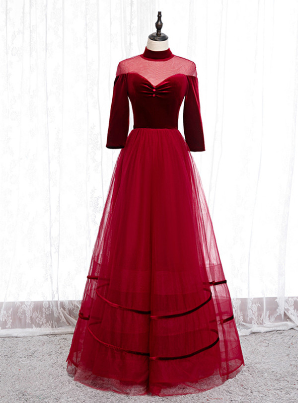 Stylish Burgundy Tulle Velvet High Neck Long Sleeve Prom Dress With Button 2020