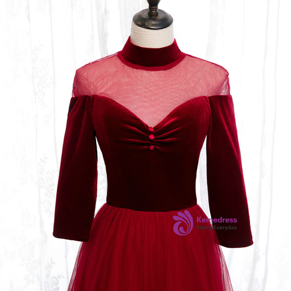 Stylish Burgundy Tulle Velvet High Neck Long Sleeve Prom Dress With Button 2020