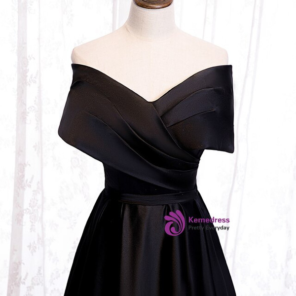 Looking For Cute And Stylish Black Satin Off the Shoulder Pleats Floor Length Prom Dress 2020