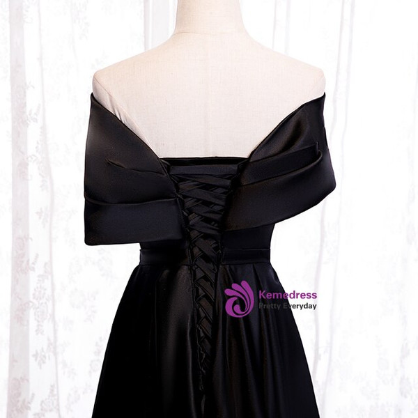 Looking For Cute And Stylish Black Satin Off the Shoulder Pleats Floor Length Prom Dress 2020