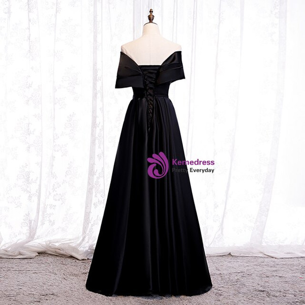 Looking For Cute And Stylish Black Satin Off the Shoulder Pleats Floor Length Prom Dress 2020