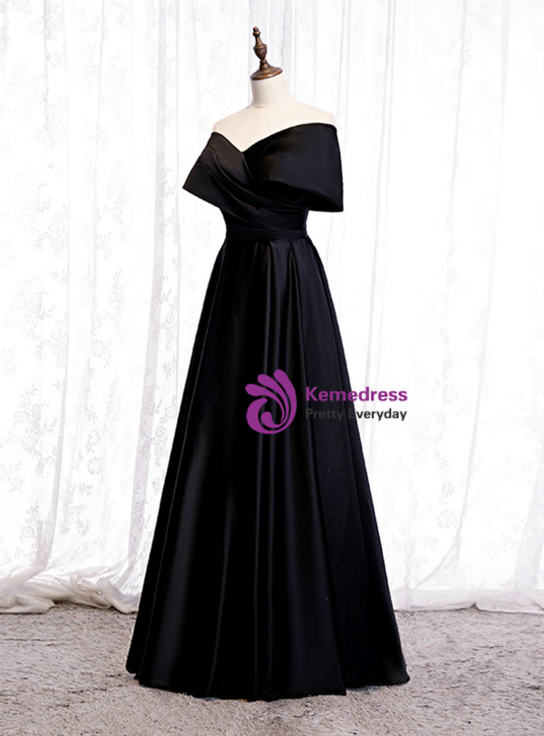 Looking For Cute And Stylish Black Satin Off the Shoulder Pleats Floor Length Prom Dress 2020