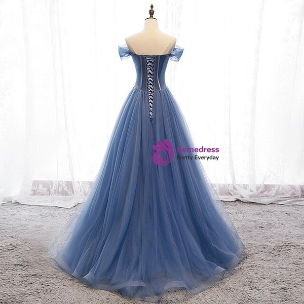 Biggest Sale Unique Blue Tulle Off the Shoulder Beading Long Prom Dress