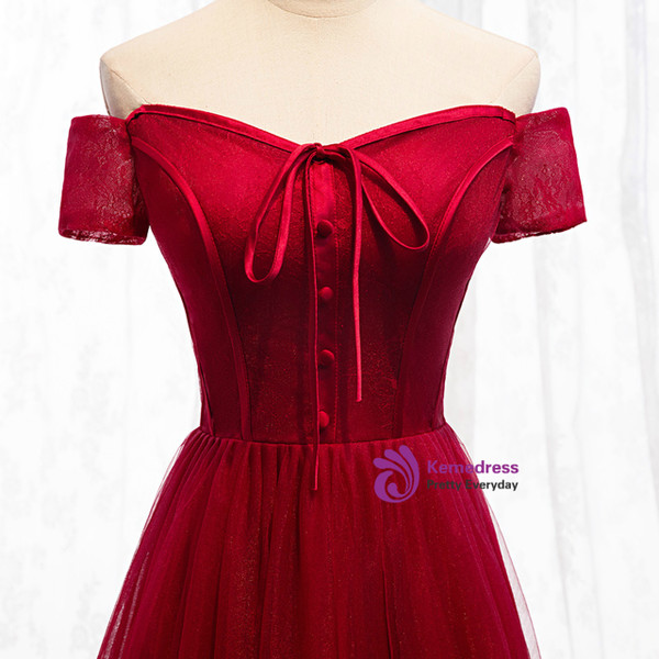 Find Plenty Of A-Line Burgundy Tulle Lace Off the Shoulder Short Sleeve Prom Dress With Button 