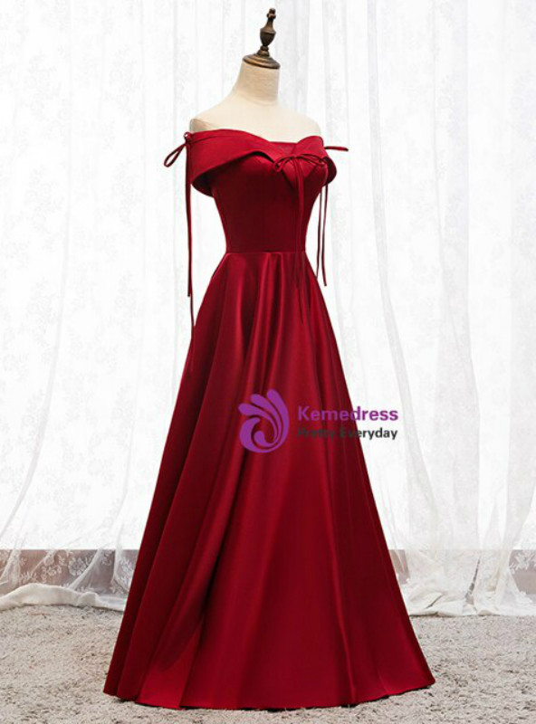 100% Custom Made Sexy Burgundy Satin Off the Shoulder Formal Prom Dress