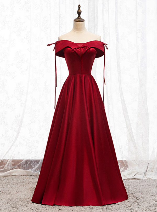 100% Custom Made Sexy Burgundy Satin Off the Shoulder Formal Prom Dress