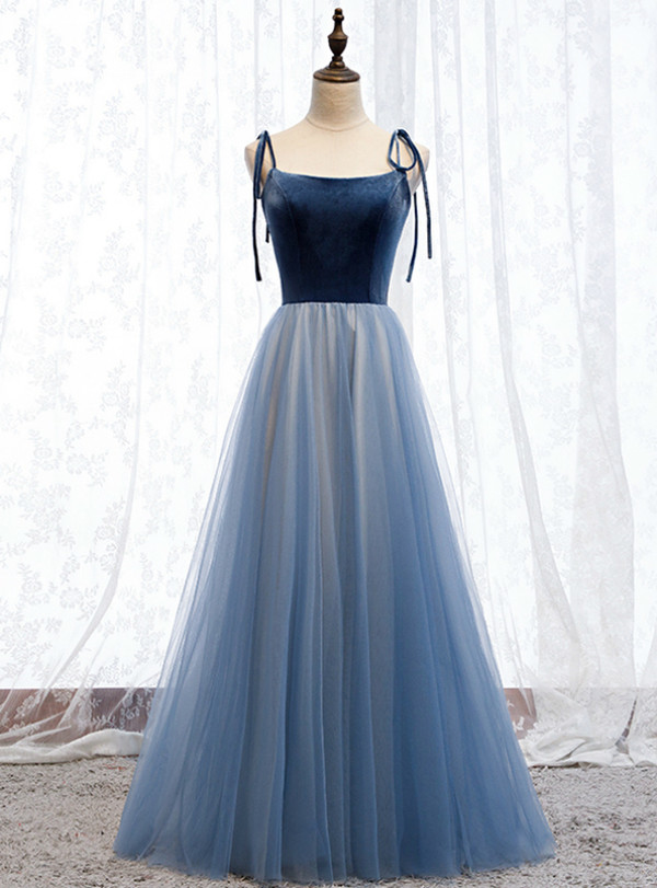 52 Colors Simple Blue Tulle Velvet Spaghetti Straps Open Back Prom Dress