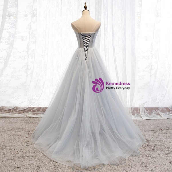 Pretty Gray Tulle Sweetheart Sleeveless Beading Long Prom Dress 2020