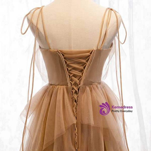 Charming Dark Champagne Tulle Spagehtti Straps Beading Long Prom Dress 2020