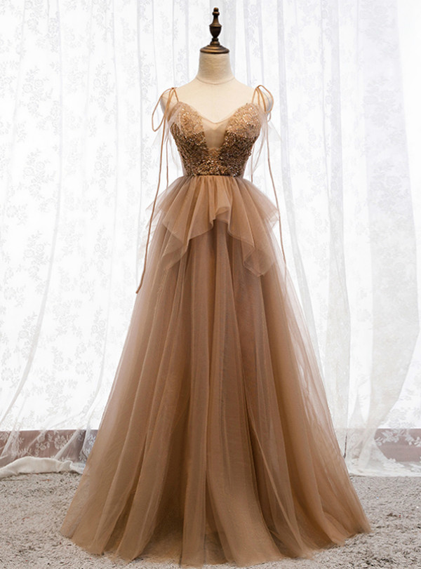Charming Dark Champagne Tulle Spagehtti Straps Beading Long Prom Dress 2020