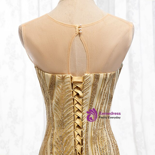 Sexy Gold Mermaid See Through Neck Sequins Tulle Sleeveless Prom Dress 2020