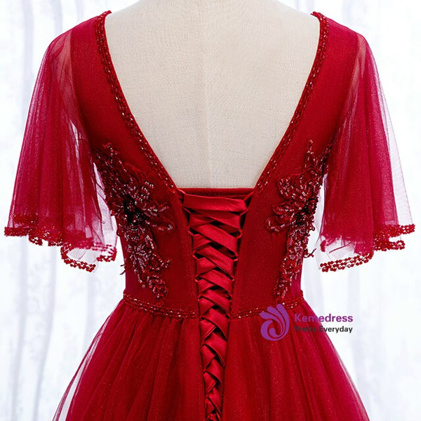 Lovely Burgundy Tulle V-neck Backless Beading Floor Length Prom Dress 2020