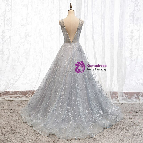 Adorable Silver Gray Tulle Sequins See Through V-neck Backless Long Prom Dress 2020