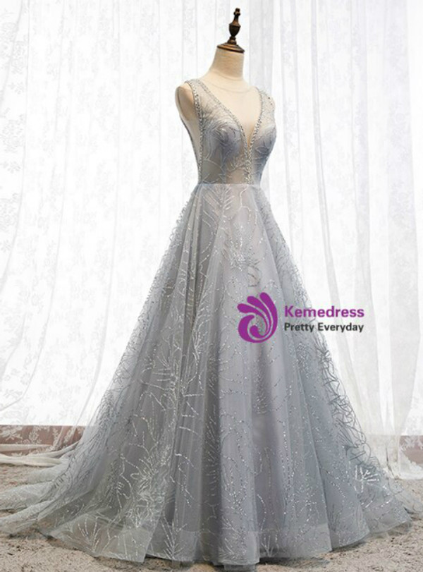 Adorable Silver Gray Tulle Sequins See Through V-neck Backless Long Prom Dress 2020
