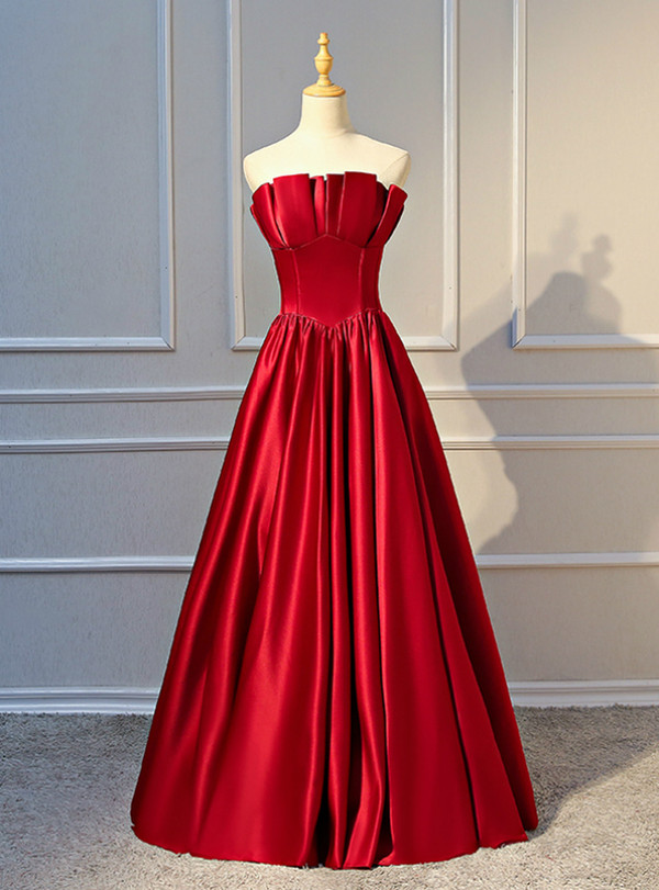 Cute Burgundy Satin Strapless Pleats Floor Length Prom Dress 2020
