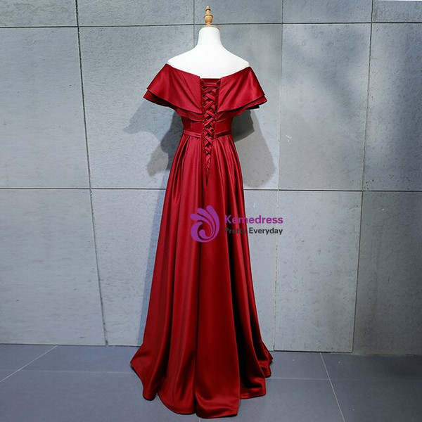 Unique Burgundy Satin Off the Shoulder Long Prom Dress With Button 2020