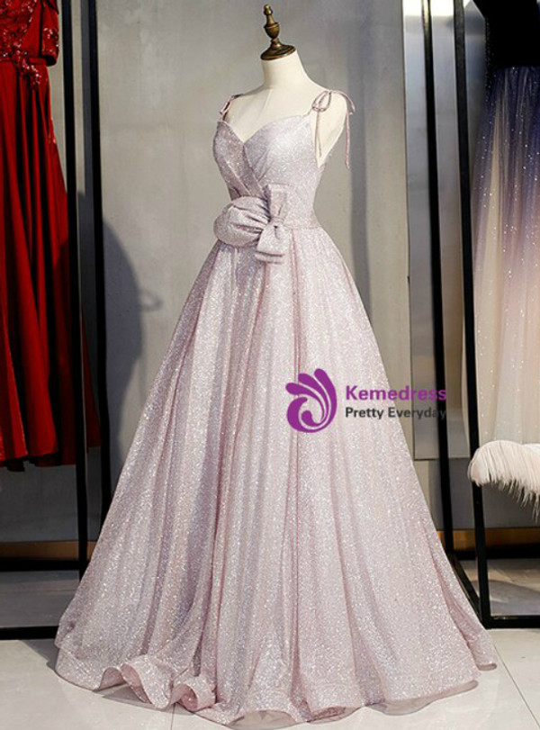 Marvelous Pink Seuqins Spaghetti Straps Floor Length Prom Dress With Bow 2020