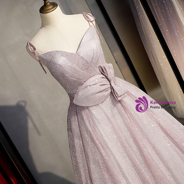 Marvelous Pink Seuqins Spaghetti Straps Floor Length Prom Dress With Bow 2020