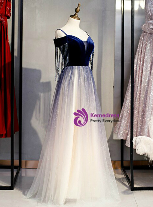 Stunning Blue Velvet Spagehtti Straps Beading Floor Length Prom Dress 2020
