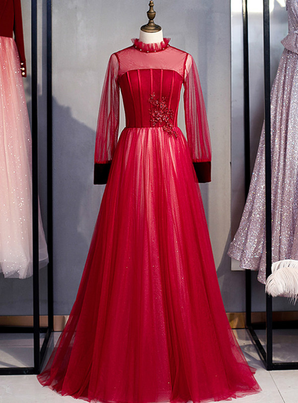 Elegance Burgundy Tulle Long Sleeve Appliques Beading Backless Prom Dress 2020