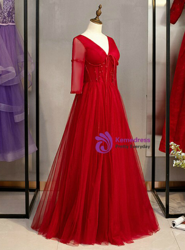 Advanced Burgundy Tulle V-neck Short Sleeve Beading Long Prom Dress 2020