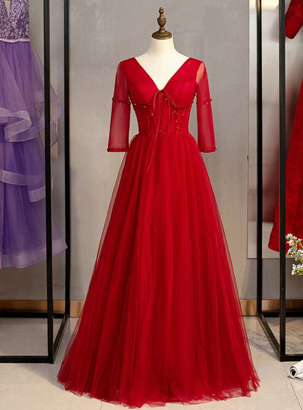 Advanced Burgundy Tulle V-neck Short Sleeve Beading Long Prom Dress 2020