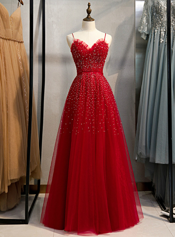 Burgundy Tulle Spaghetti Straps Sleeveless Beading Prom Dress 2020