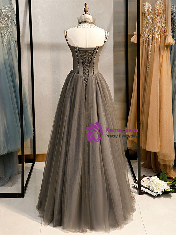 Shop 2020 New Arrival A-Line Gray Tulle Spagehtti Straps Beading Prom Dress From Kemedress