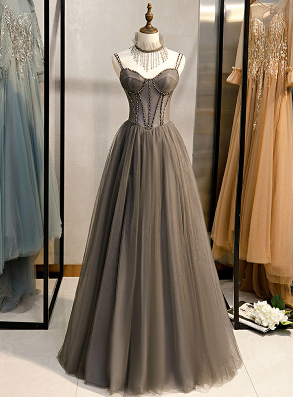 Shop 2020 New Arrival A-Line Gray Tulle Spagehtti Straps Beading Prom Dress From Kemedress