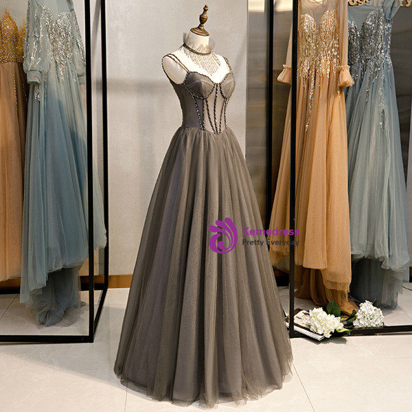 Shop 2020 New Arrival A-Line Gray Tulle Spagehtti Straps Beading Prom Dress From Kemedress