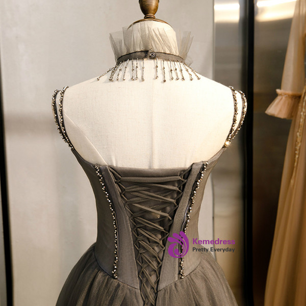 Shop 2020 New Arrival A-Line Gray Tulle Spagehtti Straps Beading Prom Dress From Kemedress