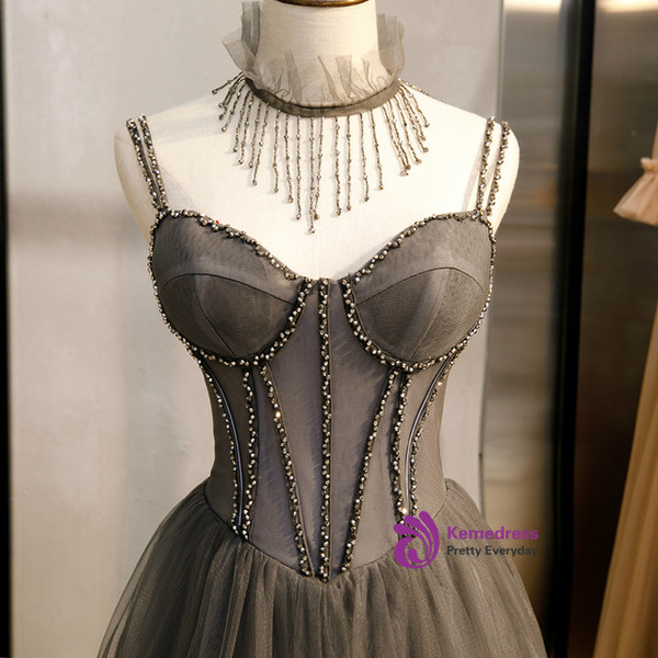 Shop 2020 New Arrival A-Line Gray Tulle Spagehtti Straps Beading Prom Dress From Kemedress