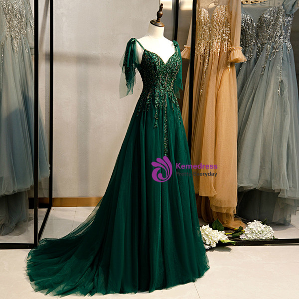 Shop 2020 Dark Green Tulle Spaghetti Straps Beading Prom Dress Under 130