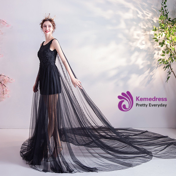 Fast Delivry:Ship in 48 hours Black High Low Tulle Beading Prom Dress