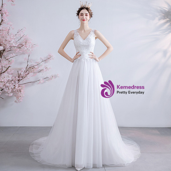 Overnight Shipping:Ship in 48 hours V Neck Tulle Sheer Back Wedding Dress