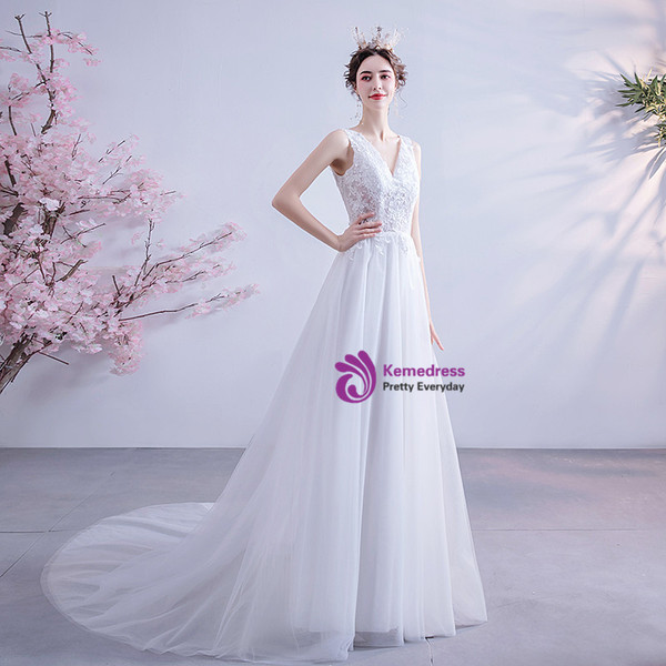 Last Minute:Ship in 48 hours Cutout Back Tulle Appliques V Neck Wedding Dress