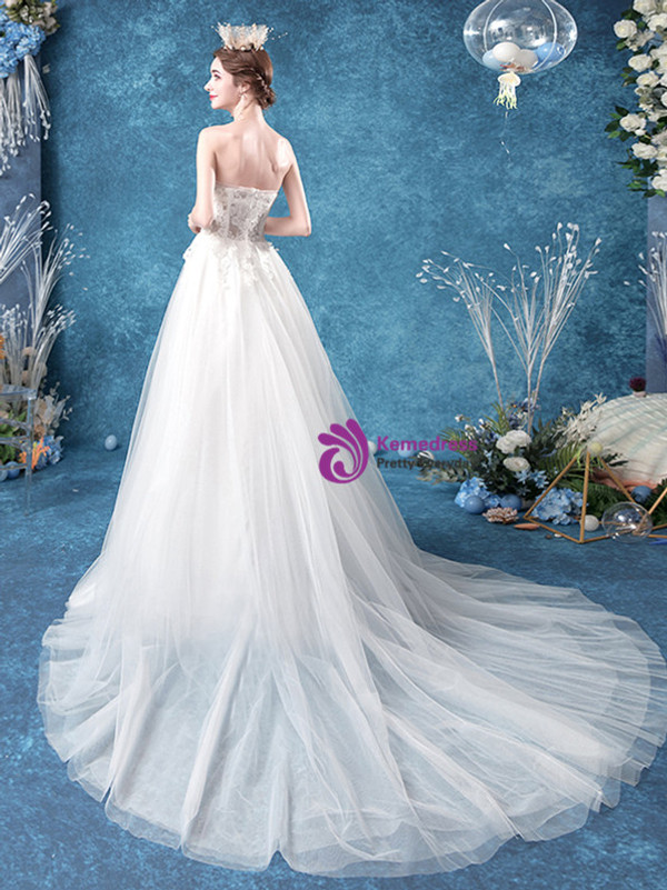 Quick Deilvery:Ship in 48 hours Sweetheart See Through Appliques Tulle Long Wedding Dress