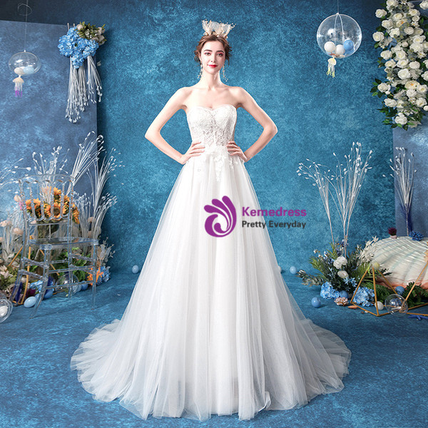 Quick Deilvery:Ship in 48 hours Sweetheart See Through Appliques Tulle Long Wedding Dress