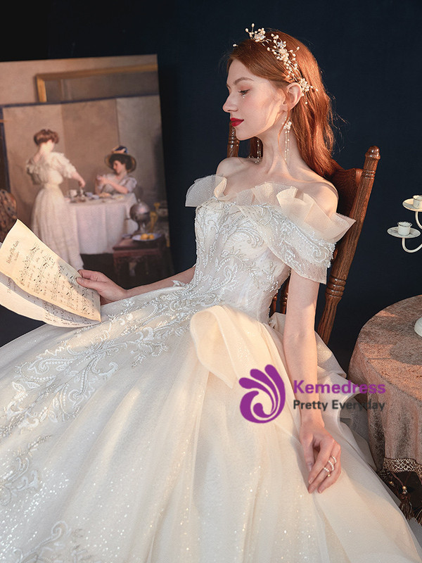 Buy 2020 Cheap Off The Shoulder Appliques Ruffles Ball Gown Tulle Wedding Dress From Kemedress