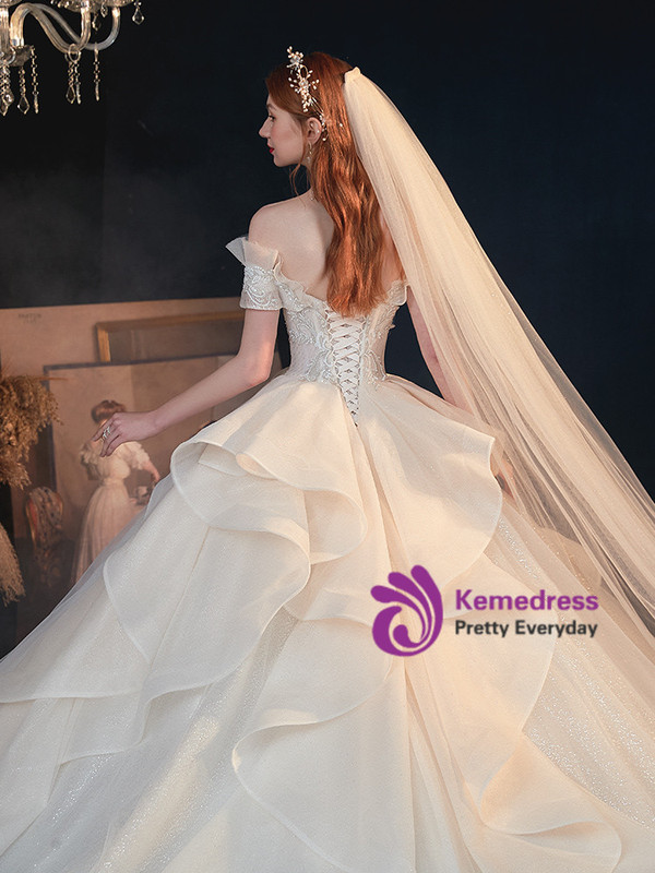 Buy 2020 Cheap Off The Shoulder Appliques Ruffles Ball Gown Tulle Wedding Dress From Kemedress