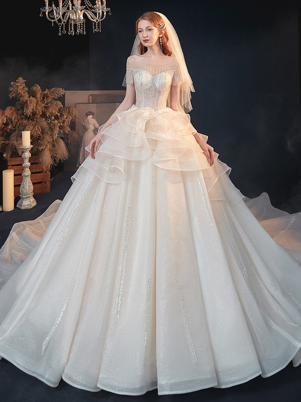 Buy Beautiful Off The Shoulder Short Sleeves Beading Ruffles Tulle Wedding Dress 2020