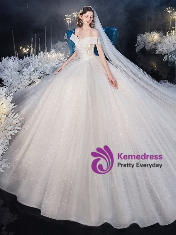 Buy 2020 Off The Shoulder Appliques Tulle White Pleats Wedding Dress From Kemedress