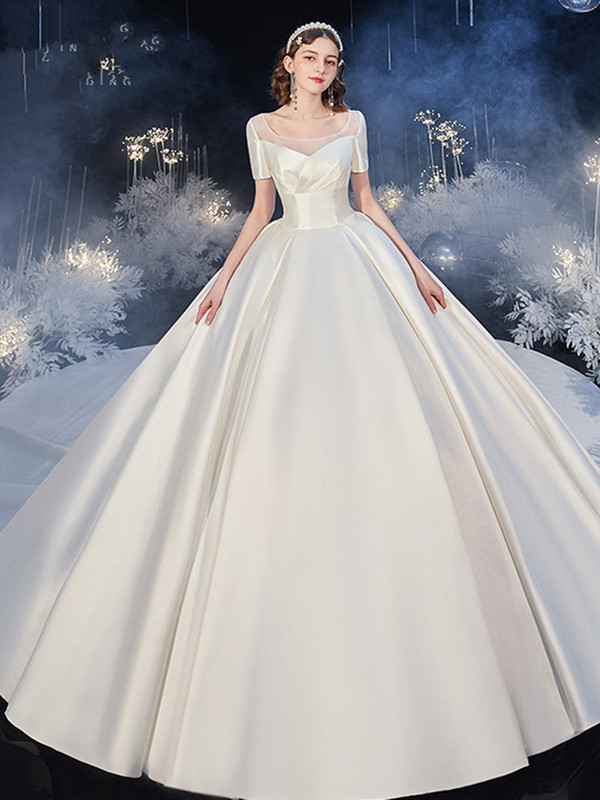 Buy 2020 Scoop Satin Short Sleeves Sweep Train Wedding Dress With Pockets Under 400