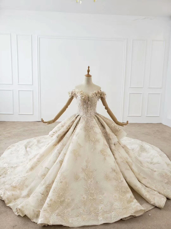 Shop Kemedress Champagne Ball Gown Tulle Appiques Long Train Huate Couture Wedding Dress