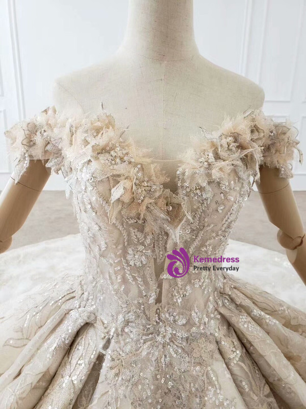 Shop Kemedress Champagne Ball Gown Tulle Appiques Long Train Huate Couture Wedding Dress