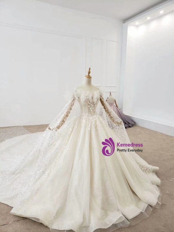 Long Sleeves Sequin Tulle Bling Bling Off The Shoulder Huate Couture Wedding Dress