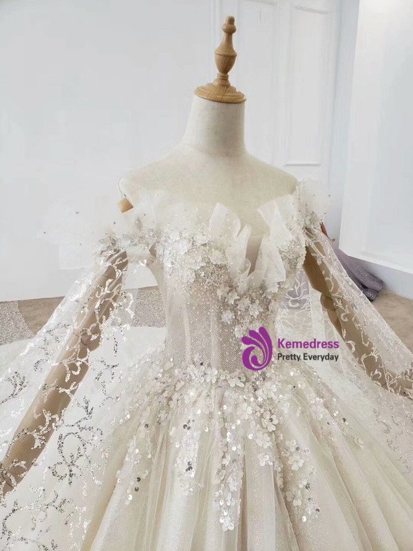 Buy 2020 Long Sleeves Sequin Tulle Bling Bling Off The Shoulder Huate Couture Wedding Dress