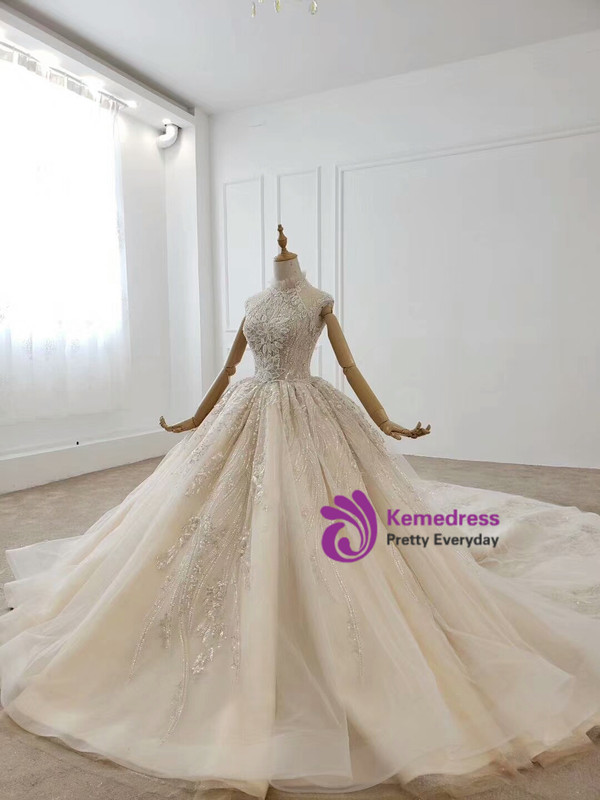 Shop 2020 Sparkle Sequin High Neck Tulle Crystal Ball Gown Haute Couture Wedding Dress