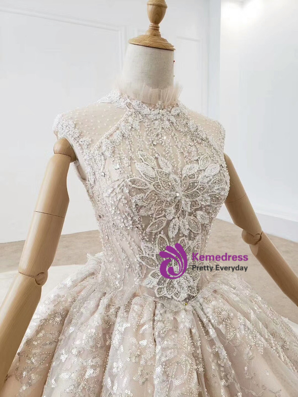 Shop 2020 Sparkle Sequin High Neck Tulle Crystal Ball Gown Haute Couture Wedding Dress